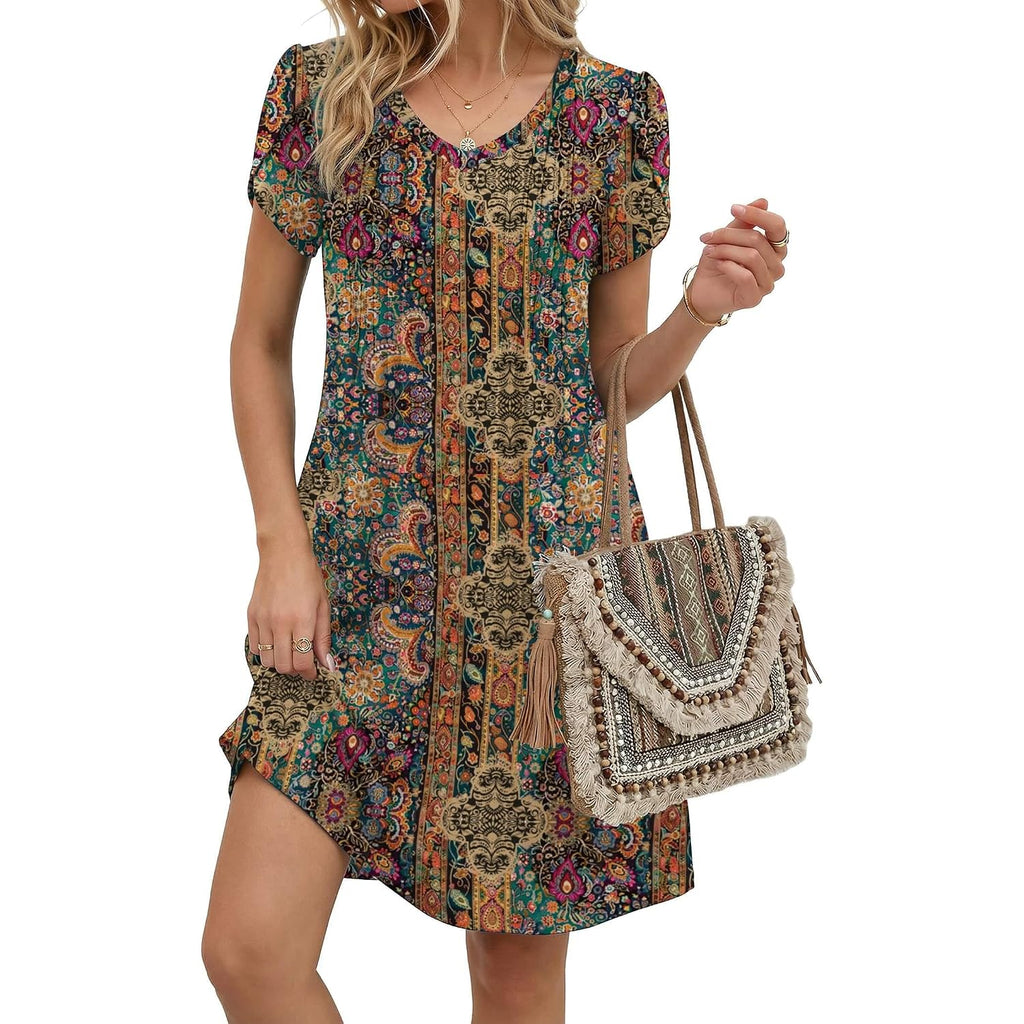 Zeagoo Summer Dresses For Women Casual A Line Dress 2026 V Neck Short Dresses Floral Sundress Pleated Boho Dress