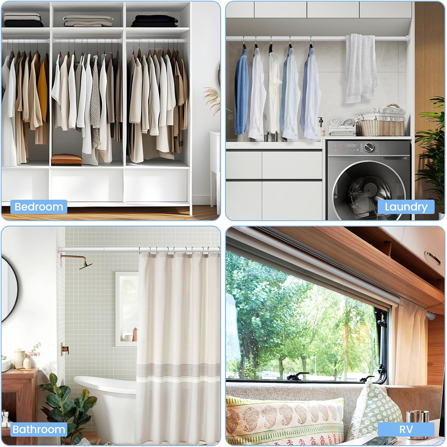 Closet Rods For Hanging Clothes, 17 To 84 Inch Heavy Duty Stepless Adjustable Closet Hanging Rod, 1.3 Inch Diameter Metal Closet Rod For Wardrobes Laundry Bedroom Rv, White