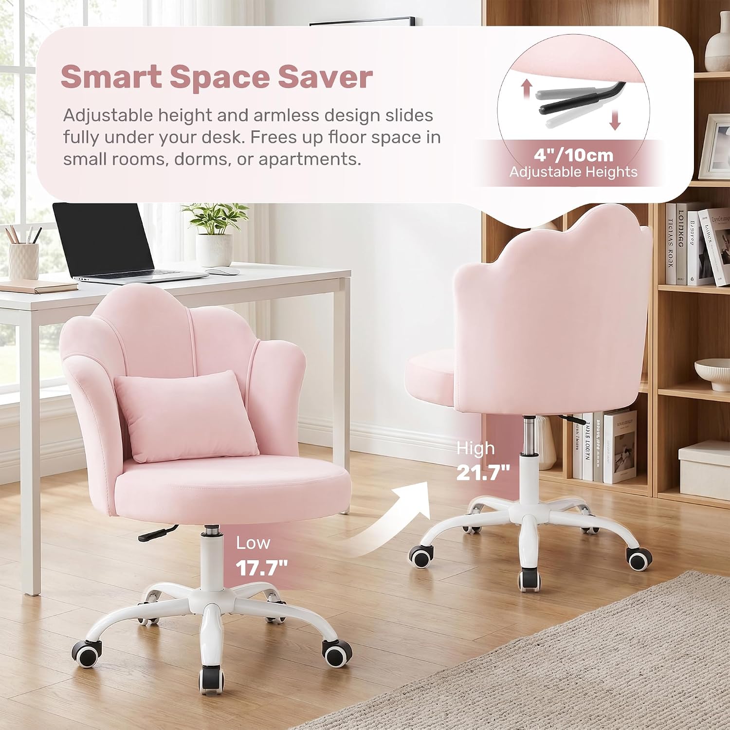 Petal Vanity Chair With Wheels, 3.15" Extra Thick Comfy Makeup Chair, Adjustable Modern Swivel Armless Desk Chair For Girls Women, Aesthetic Small Office Chair For Bedroom Dorm, Pink