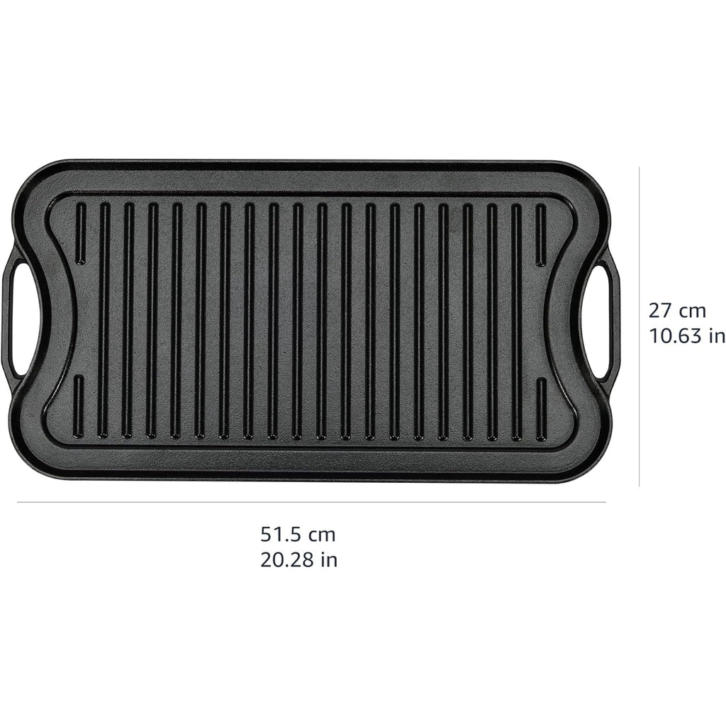 Amazon Basics Pre-Seasoned Cast Iron Reversible Rectangular Grill/Griddle with Even Heat Distribution, Black, 20 x 10.63 x 0.98 inch