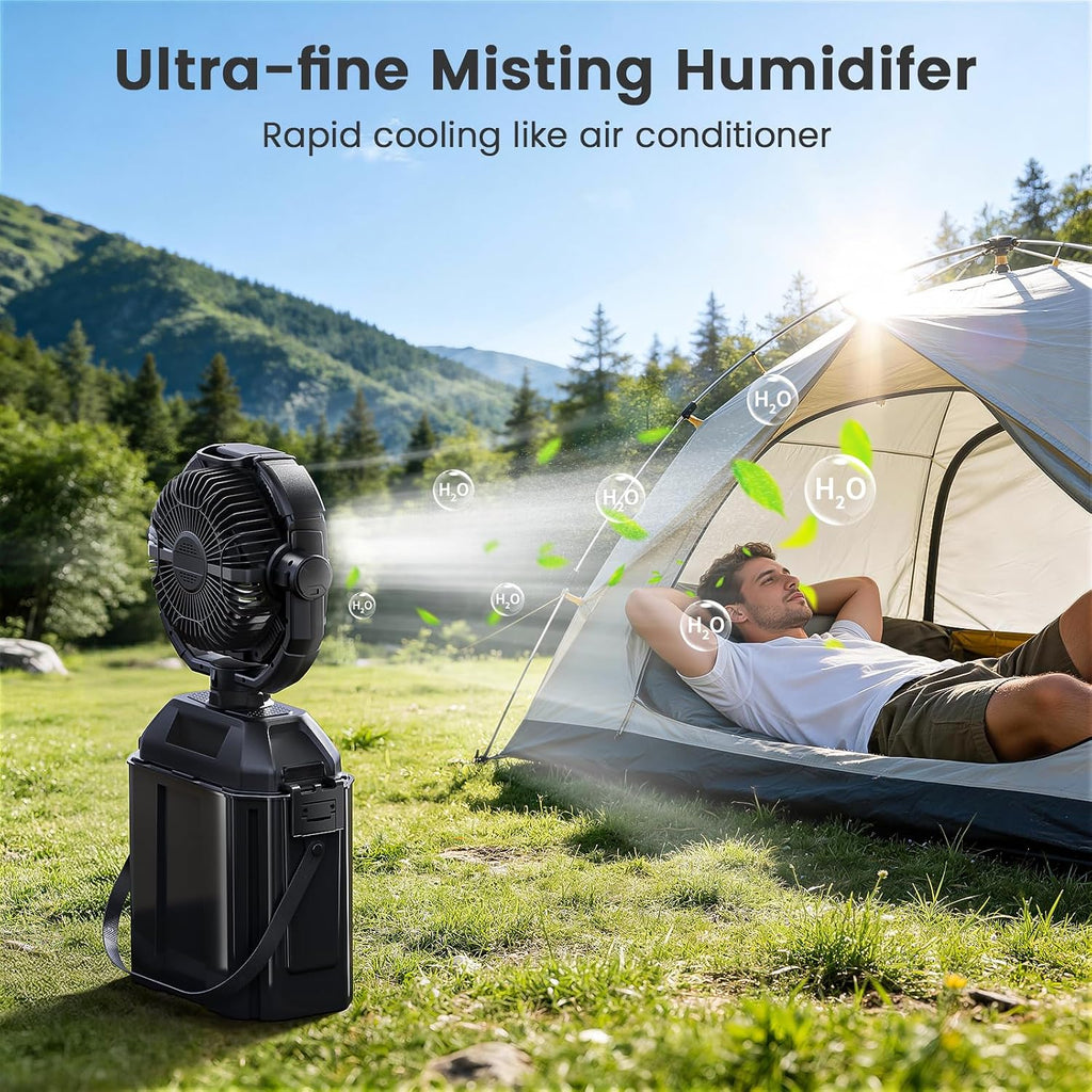 Xap Portable Misting Fan Rechargeable For Hot Weather - 9-Inch Oscillating Camping Fan With Usb Battery As Power Bank, 4 Mist Cooler, 7L Bucket For Outdoor/Camping/Patio/Golf (Black)