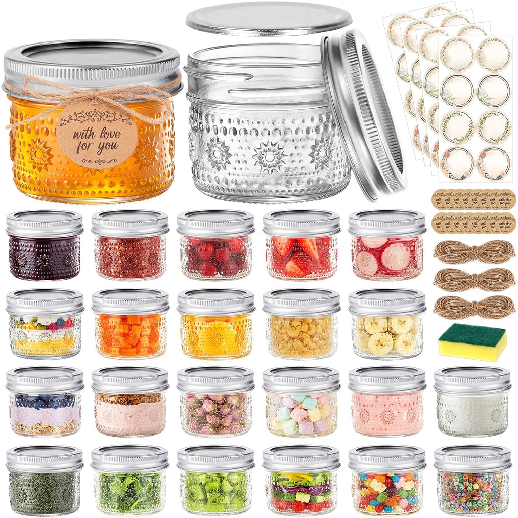 4 Oz Small Embossed Mason Jars 24-Pack With Airtight Lids, Leakproof | Mini Canning Jars, Reusable, For Jam/Jelly/Honey, Spices, Diy Candles, Wedding Favors & Gift Packaging
