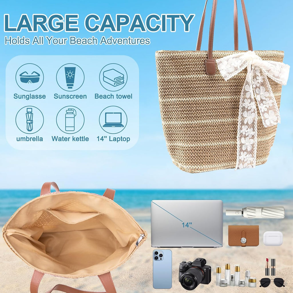Straw Beach Tote Bag For Women - 2026 Large Handwoven Summer Vacation Purse Zipper For Travel Shopping Essentials