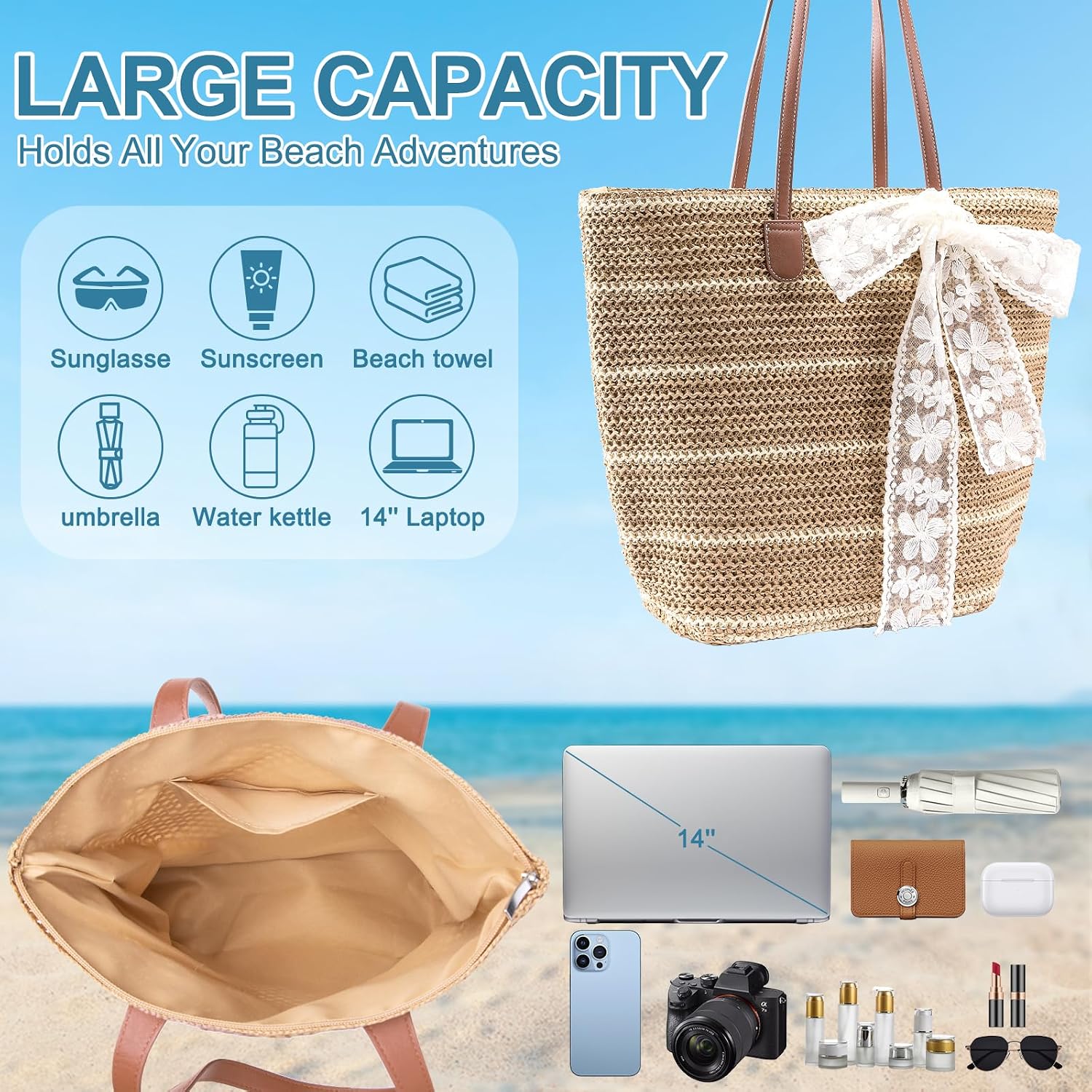 Straw Beach Tote Bag For Women - 2026 Large Handwoven Summer Vacation Purse Zipper For Travel Shopping Essentials