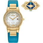 Citizen Eco-Drive Ladies' Disney Aladdin 30Th Anniversary, Princess Jasmine Teal Leather Strap Watch And Pin Gift Set, Mother-Of-Pearl Dial, Crystals, 30Mm (Model: Ga1072-07D)