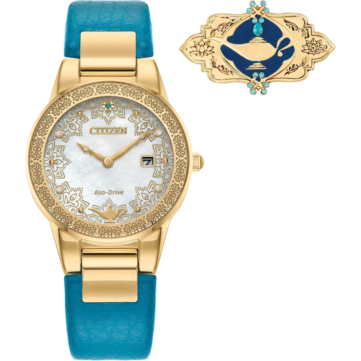 Citizen Eco-Drive Ladies' Disney Aladdin 30Th Anniversary, Princess Jasmine Teal Leather Strap Watch And Pin Gift Set, Mother-Of-Pearl Dial, Crystals, 30Mm (Model: Ga1072-07D)