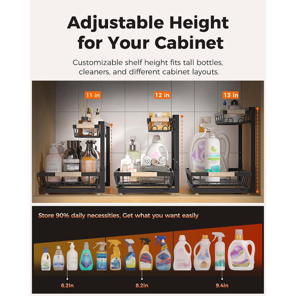 2-Pack 2-Tier Height Adjustable Under Sink Organizer & Storage | Multi-Purpose Storage For Kitchen & Bathroom Cabinet. Large Black Shelf, Height Adjustable Design For Space-Saving.