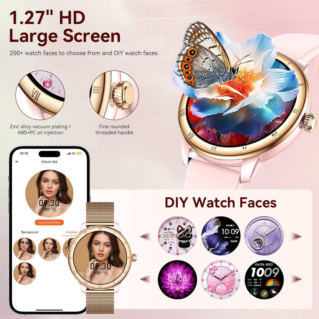 Smart Watches for Women, HD Screen Fitness Tracker 5ATM Waterproof with Bluetooth Make/Answer Calls, Activity Trackers with Heart Rate/Sleep/Female/SpO2 Monitor, Smartwatch for iPhone/Android(2 bands)