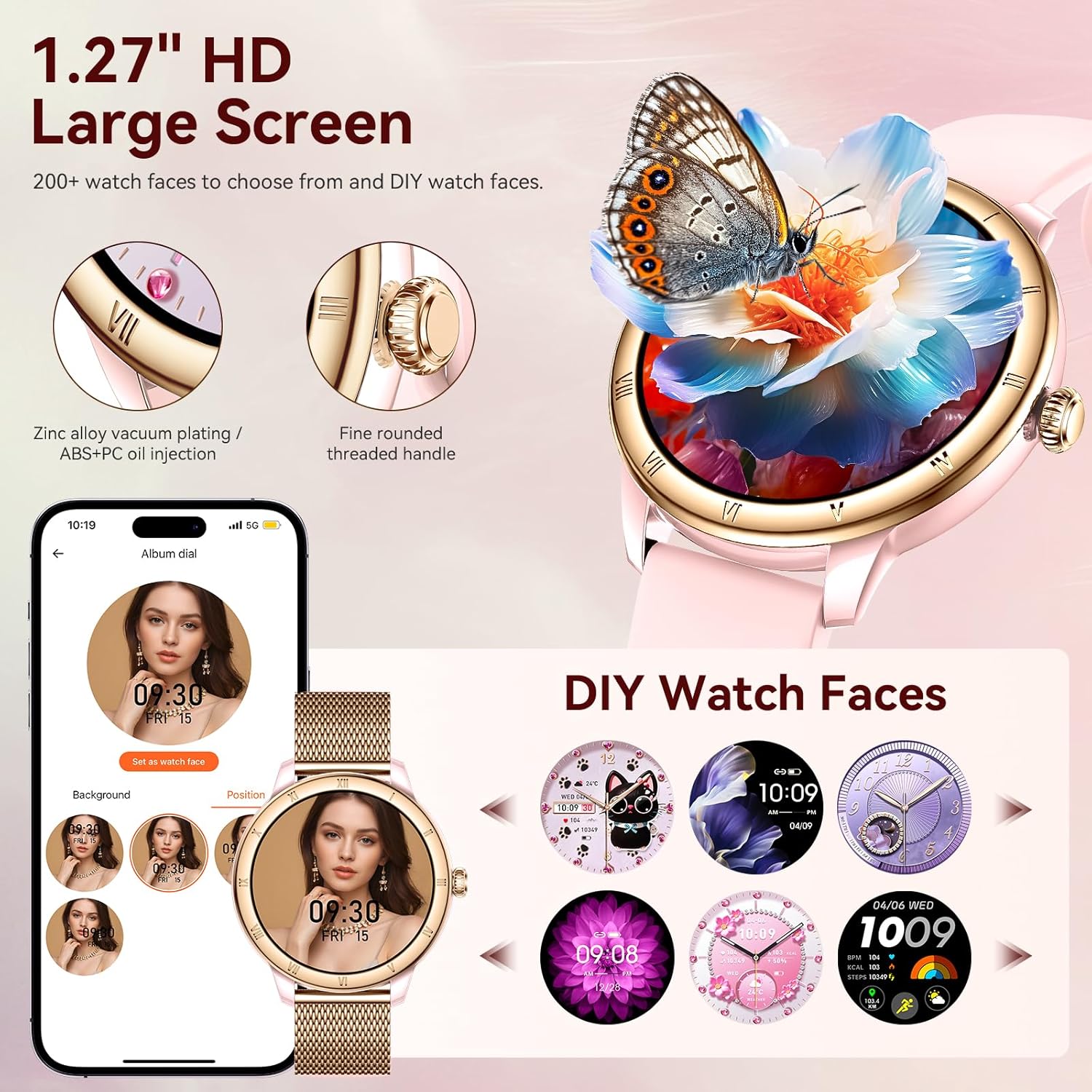 Smart Watches for Women, HD Screen Fitness Tracker 5ATM Waterproof with Bluetooth Make/Answer Calls, Activity Trackers with Heart Rate/Sleep/Female/SpO2 Monitor, Smartwatch for iPhone/Android(2 bands)