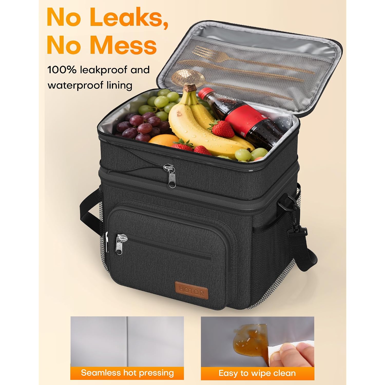 Hotor Lunch Box For Men & Women - Double-Layer Insulated Lunch Bag With Leakproof Liner, Portable Cooler For Work, Travel, Or Picnic, Black, 12L, 11.1" X 9.7" X 6.7"