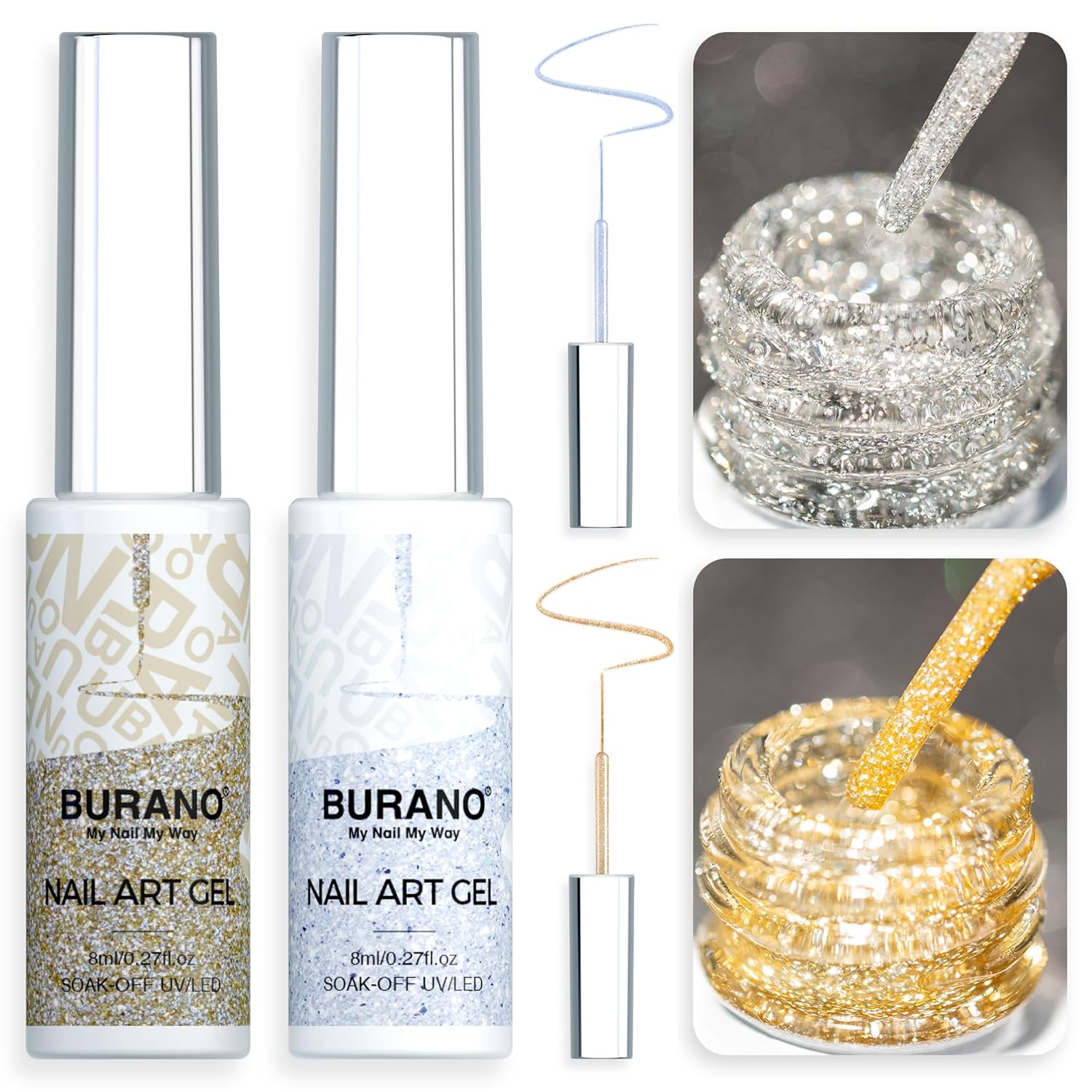 BURANO Holographic Gel Nail Polish Liner Nail Art Polish, Silver Gold Reflective Glitter Painted Gel Nail Design Polish 2 Bottle 8ml, Build in Thin Nail Brush Curing Required LX17 LX13