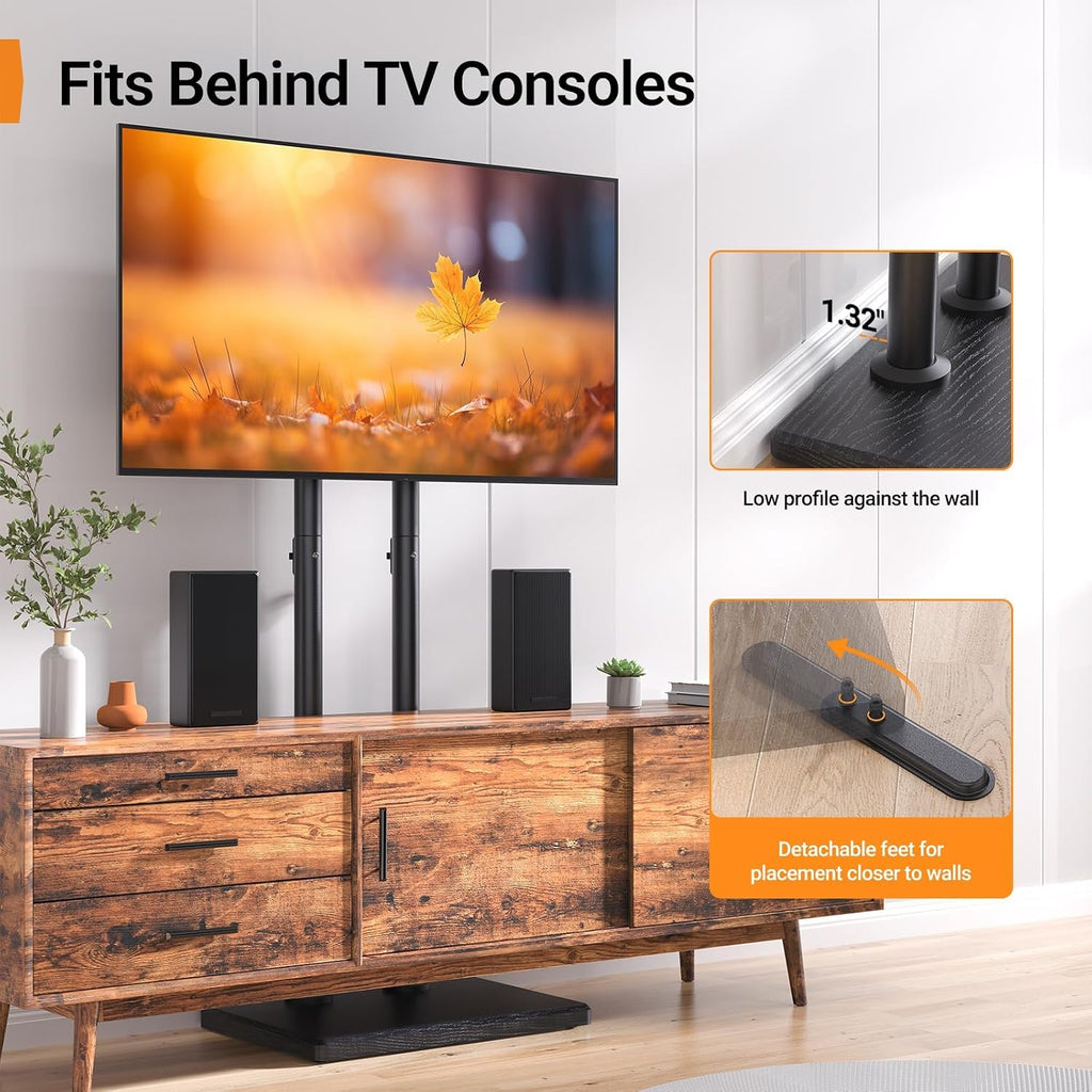 Perlegear Universal Floor Tv Stand For 32–70" Tvs Up To 110 Lbs, Height-Adjustable Tall Tv Stand With Solid Wood Base & Extra-Stable Anti-Tip Feet, Swivel Tv Mount For Bedroom, Vesa 400X400, Pgfls34B
