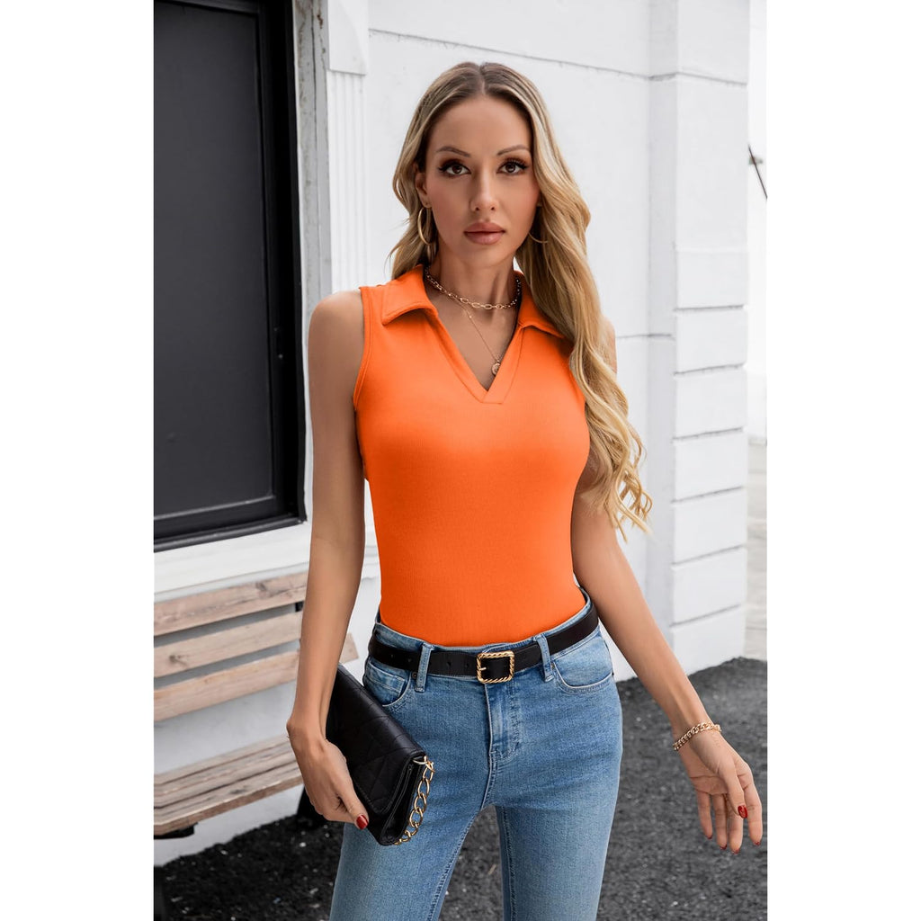 Vichyie Womens Sleeveless Tank Tops Lapel Collared V Neck Slim Fitted Ribbed Knit Tight Polo Tops