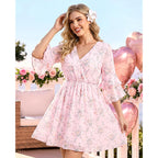 Bebonnie Womens 3/4 Ruffle Sleeve Spring Summer Casual V Neck Flowy Chiffon Layers Dresses