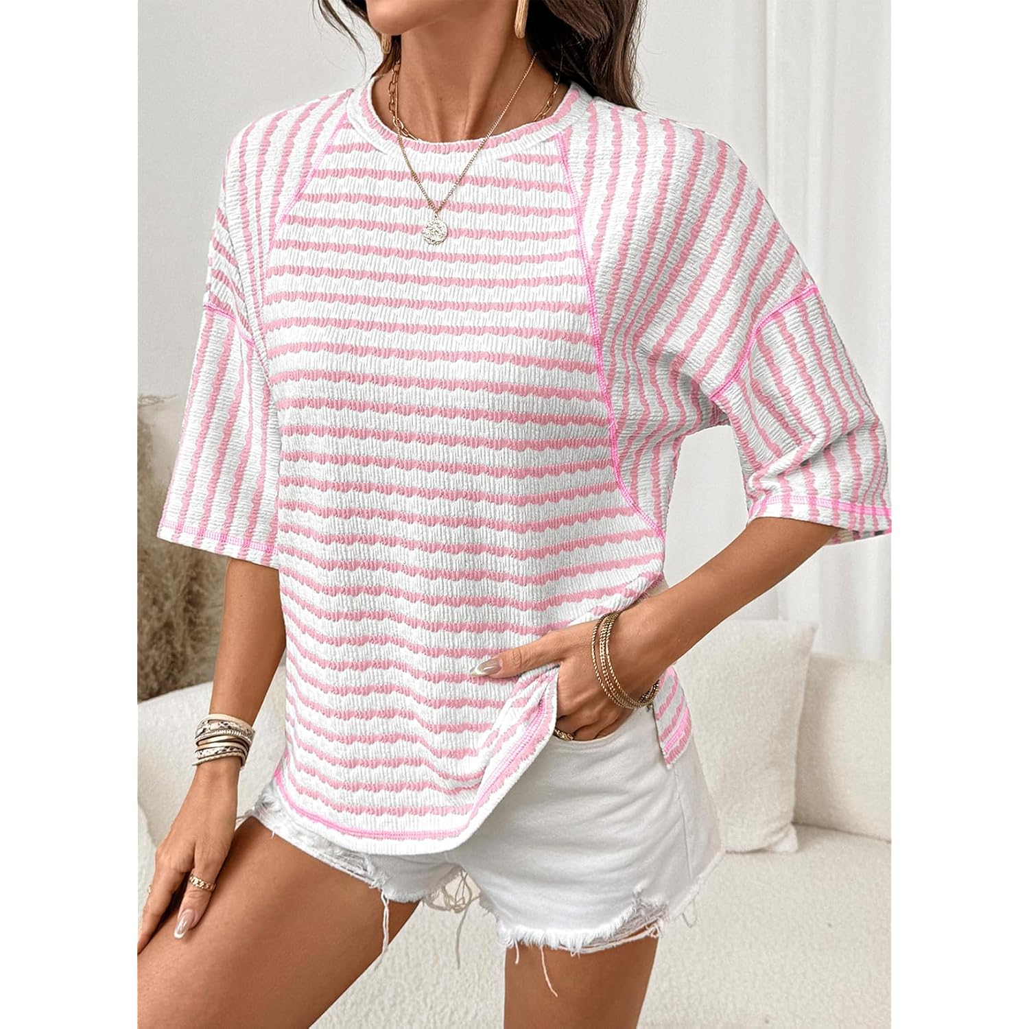 Womens Summer Tops Oversized Tshirts for Women Striped Color Block Short Sleeve T Shirts Crewneck Casual Tee Blouses