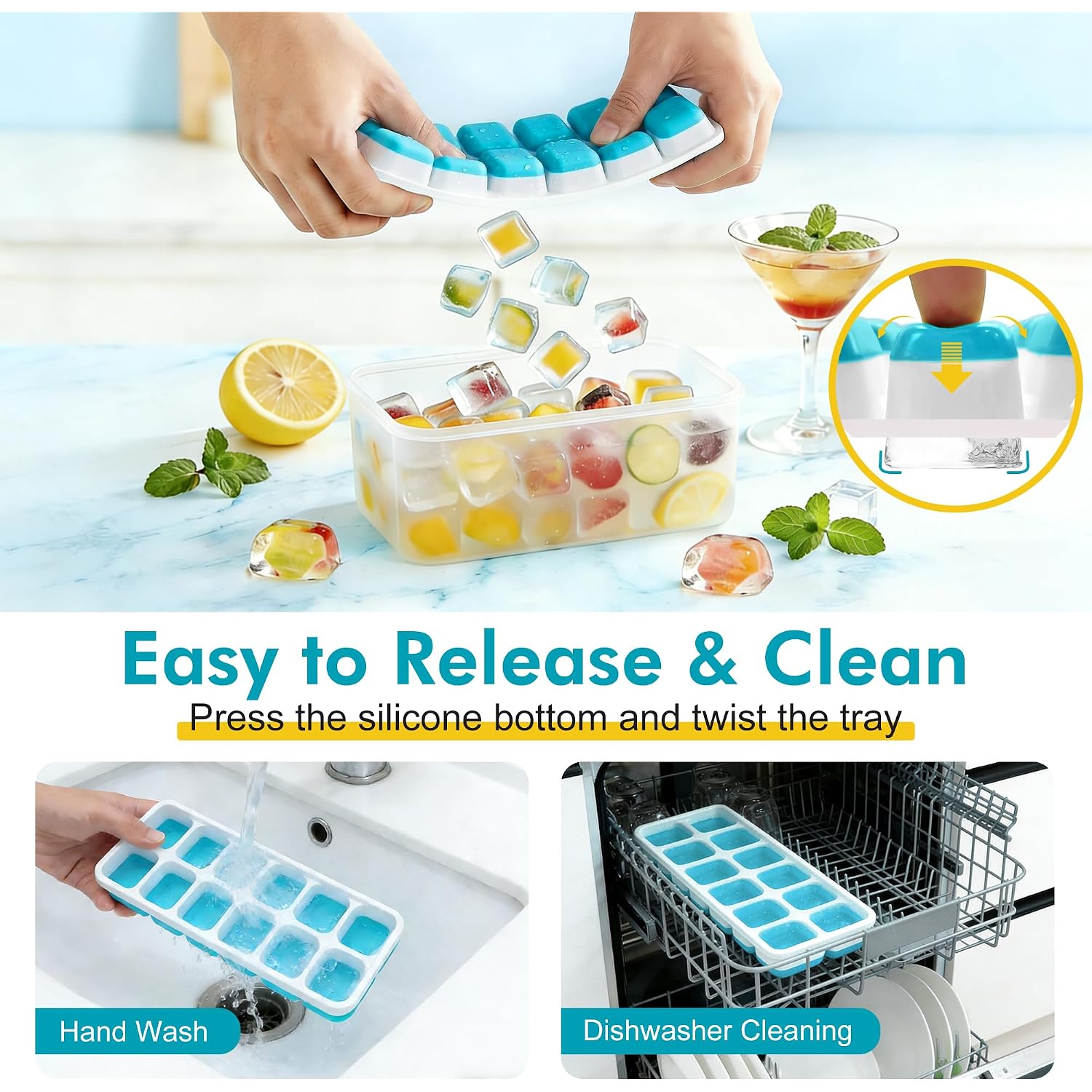 Nfk Ice Cube Tray With Lid & Bin - 4 Pack 48 Cubes Stackable Silicone Trays For Freezer With Storage Container, Leak-Proof Lids, Bpa-Free, Easy Release For Kitchen, Rv, Party, Cocktail & Coffee