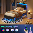 Twin Size Bed Frame With Charging Station And Led Lights, Platform Bed With Metal Slats, Grey Upholstered Headboard With 2-Tier Storage Shelves, No Box Spring Needed