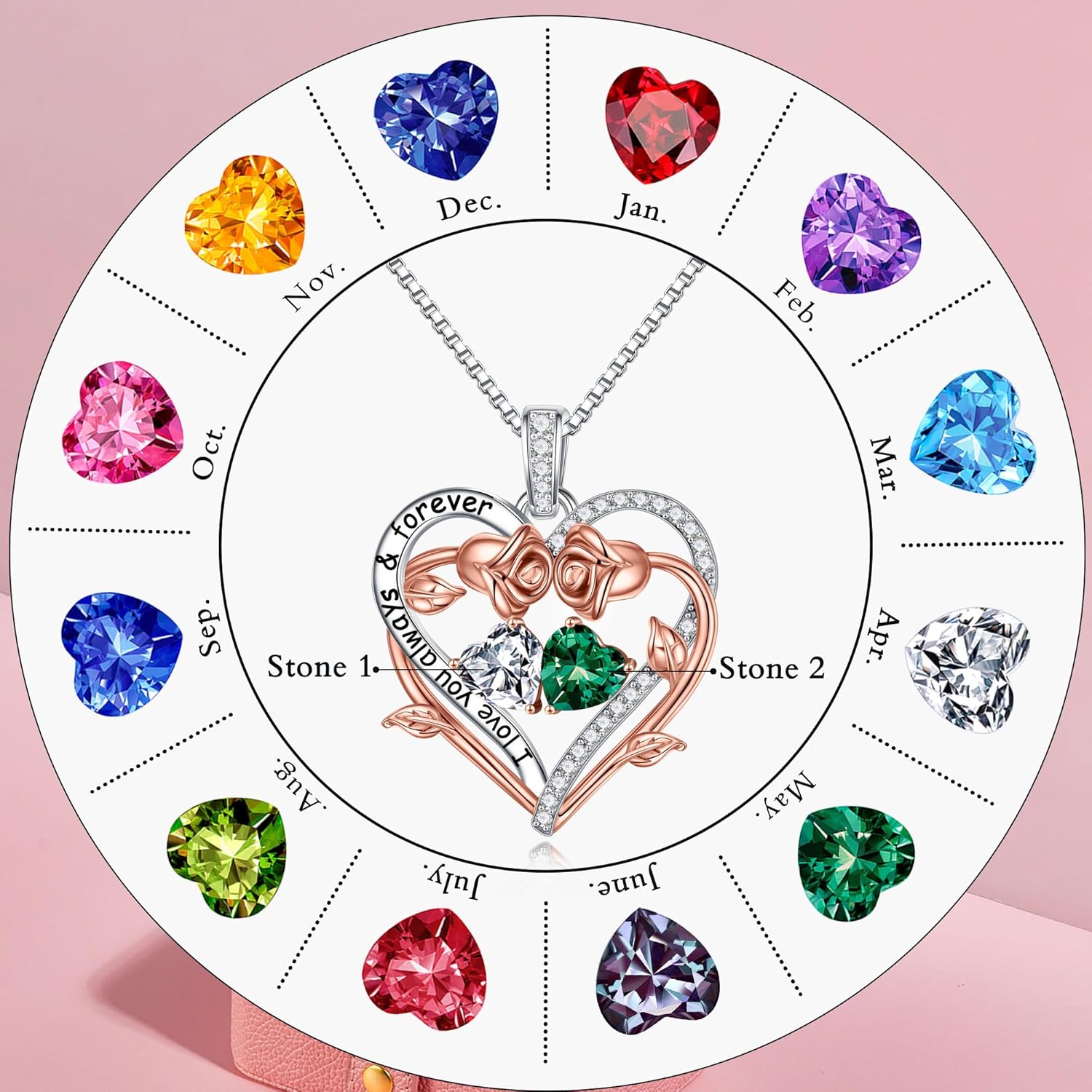 Iefil Mothers Day Gifts for Wife - Rose Heart Double Birthstone Necklace Gifts for Wife Girlfriend Her Women, Birthstone Jewelry Gemstone Birthday Gift for Mom Grandma Her Women