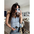 Denim Vest V Neck Jean Vest Tops For Women Sleeveless Button Down Denim Cropped With Pockets Casual Outfits