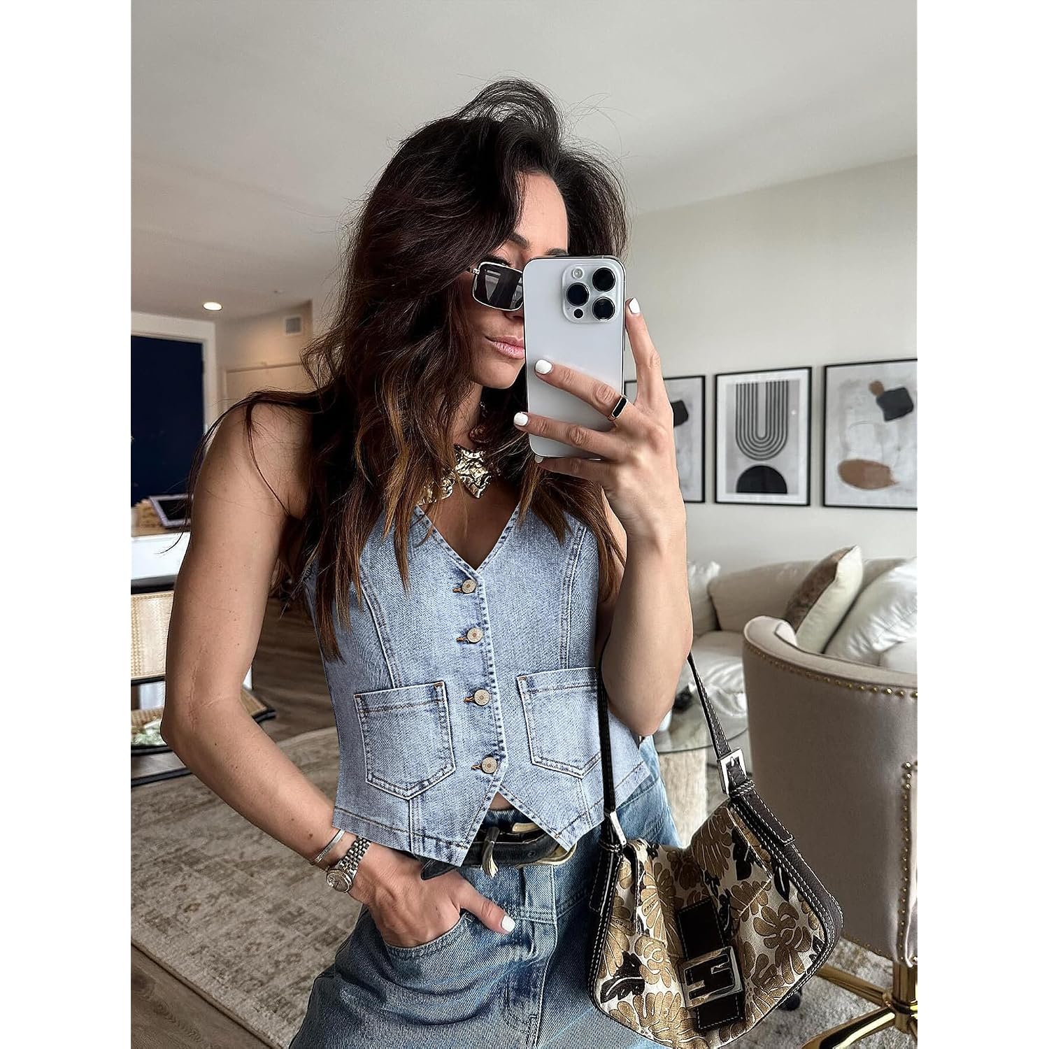 Denim Vest V Neck Jean Vest Tops For Women Sleeveless Button Down Denim Cropped With Pockets Casual Outfits