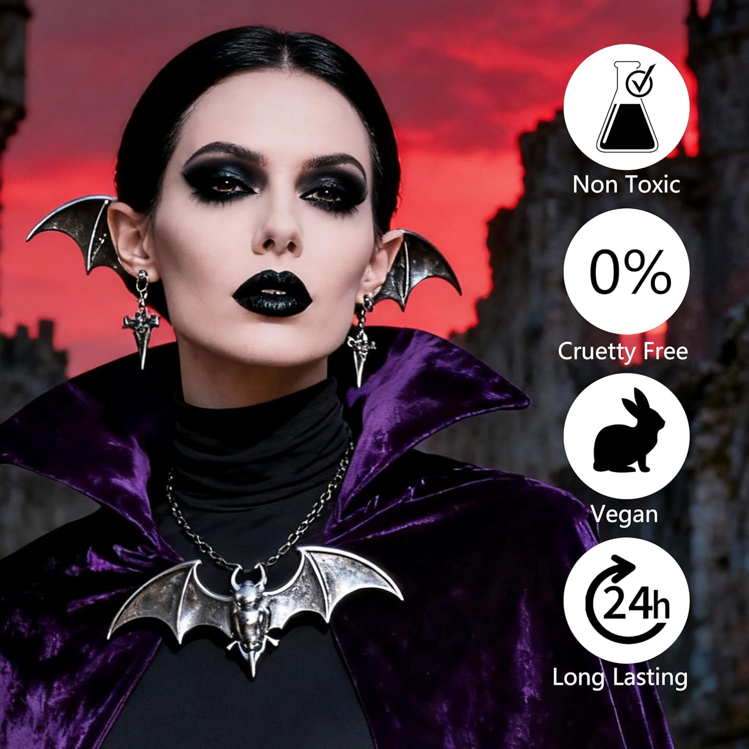 Black Eyeshadow Palette Liquid Lipstick Eyeliner Set with Mini Brush, Smokey Eye Shadow Black Lip Gloss lip liner Set, Smudge Proof Long-lasting, Suitable for Halloween Cosplay Goth Witch Makeup