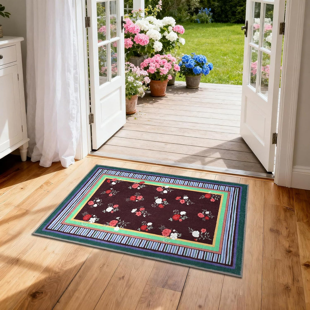 GarveeHome Brown 2x3 Area Rug, Vintage Floral Machine Washable Small Rug, Non Slip TPR Backing, Soft Entryway Mat for Kitchen Bathroom Bedroom Nursery