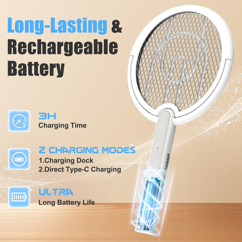 Rotating Head Electric Fly Swatter Racket, Bug Zapper Indoor With Long Telescopic Extension 4000V Usb Rechargeable Mosquito Zapper Killer With Charging Base, 3 Modes Automatic & Manual (White)