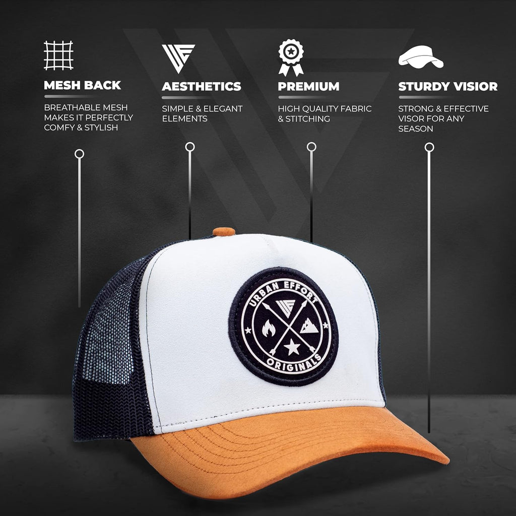 Tucker Hats for Men - Mesh Back Cap Women Baseball Hat 5-Panel-Great Baseball Snapback Closure White+ Brown Black Patch