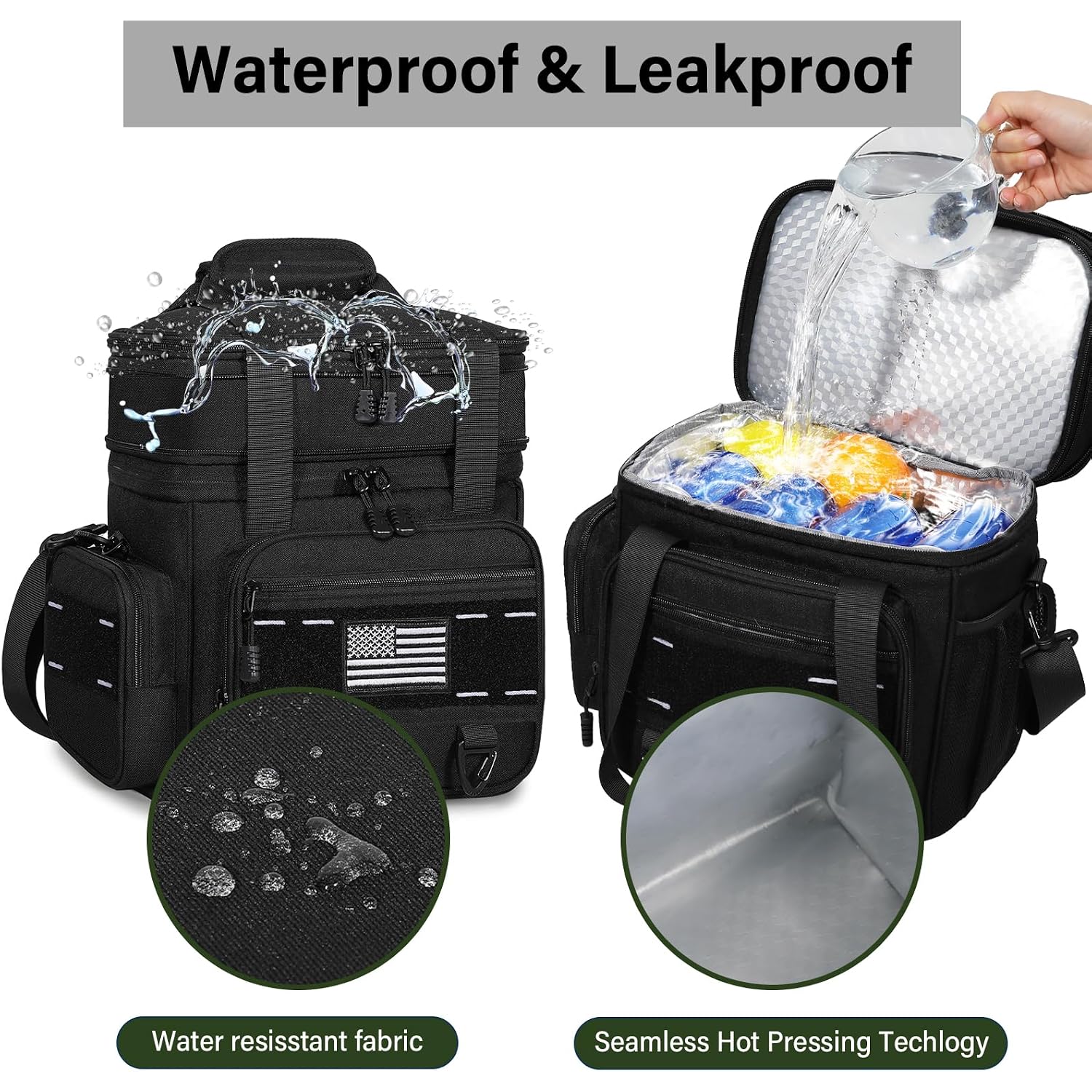 Expandable Tactical Lunch Box, Large Insulated Lunch Cooler Bag Heavy Duty Leakproof Lunch Pail For Men Adults Work Office Outdoor Picnic Trips,16L,Black