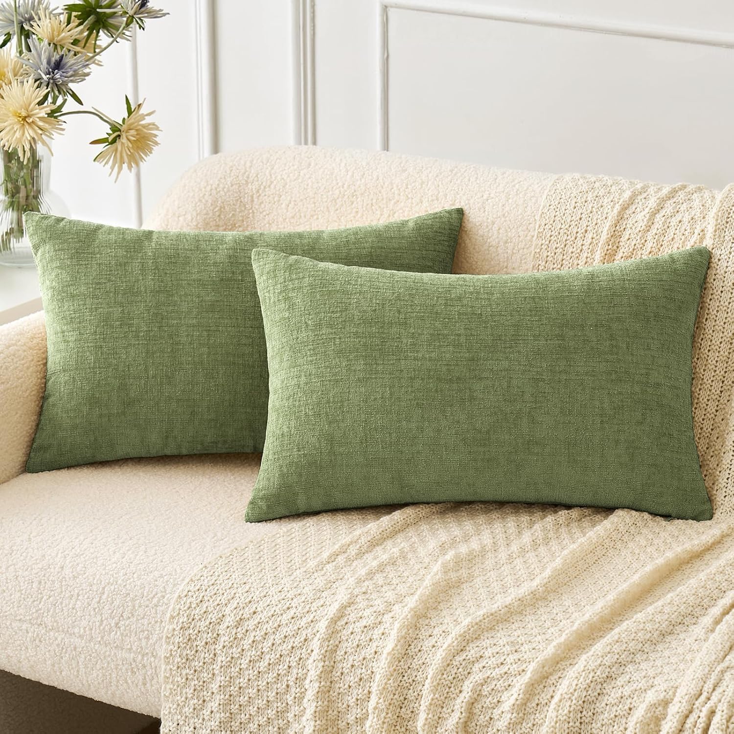 Miulee Pack Of 2 Couch Throw Pillow Covers 12X20 Inch Spring Soft Sage Green Chenille Lumbar Pillow Covers For Sofa Living Room Solid Dyed Cases