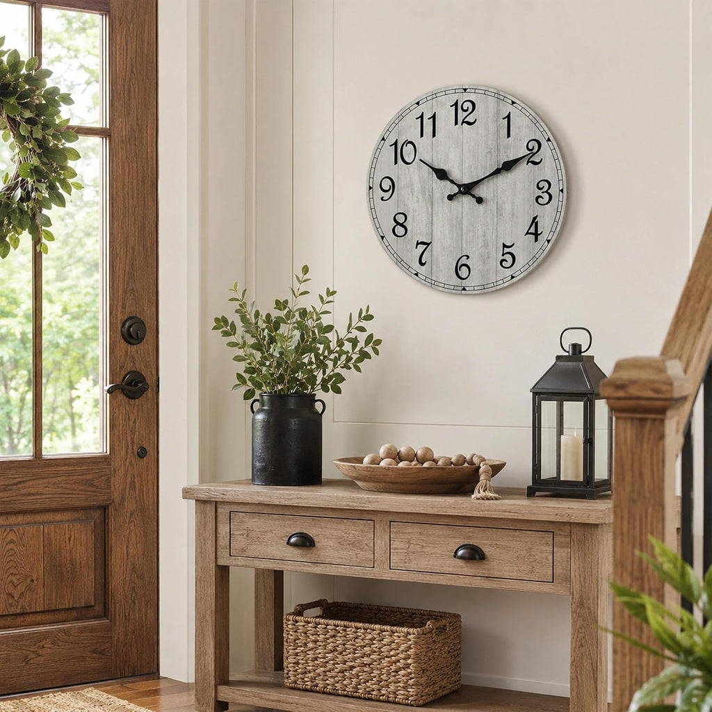 Wall Clock, Rustic Wall Clocks Battery Operated Silent Non Ticking, Country Round Wooden Clocks Farmhous Wall Decorative For Kitchen, Bathroom, Living Room (Gray 8 Inch)