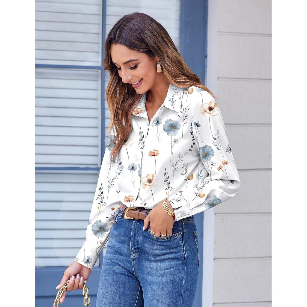 Button Down Shirts for Women Dressy Floral Printed Long Sleeve Blouse Business Casual Work Tops