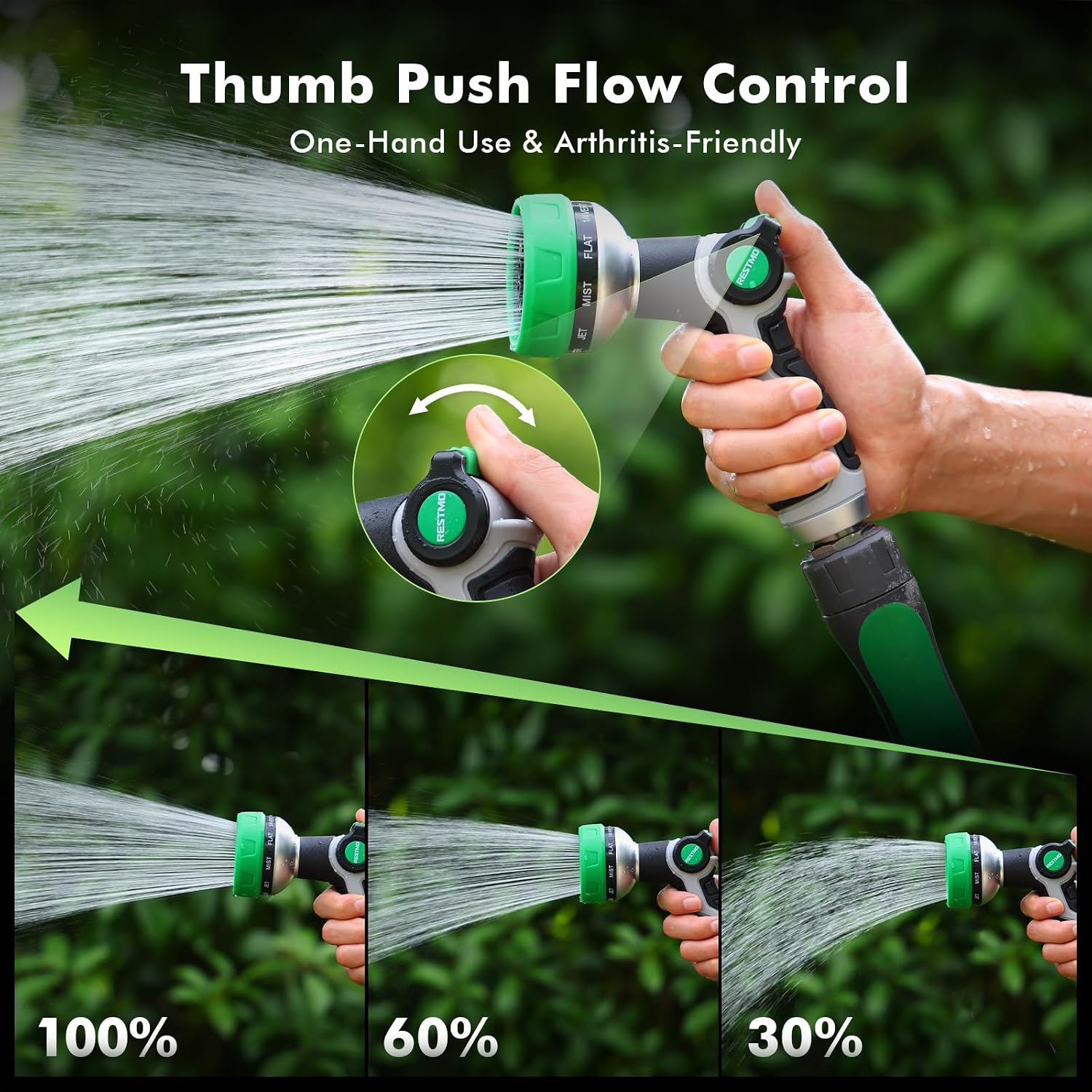 Restmo 10-In-1 Water Hose Nozzle, Garden Hose Sprayer With 10 Adjustable Spray Patterns, Easy Thumb Control For Flow Adjustment, Ideal For Watering Plants & Lawns, Washing Cars & Pets, Green