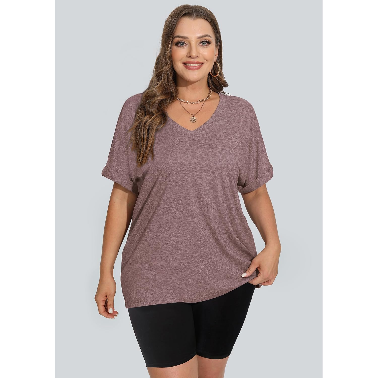 WIHOLL Womens Oversized Tshirts Summer Tops 2025 Short Sleeve V Neck Shirts Outfits Plus Size Clothes 1-brown Coffee