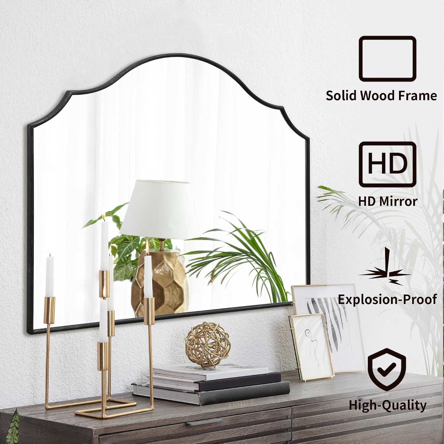 Scalloped Arched Mirror For Mantel: 35"X26" Black Modern Wooden Wall Mirror - Minimalist Decorative Dresser For Vanity/Bathroom/Bedroom/Fireplace/Living Room/Entryway - Stylish Home Decor
