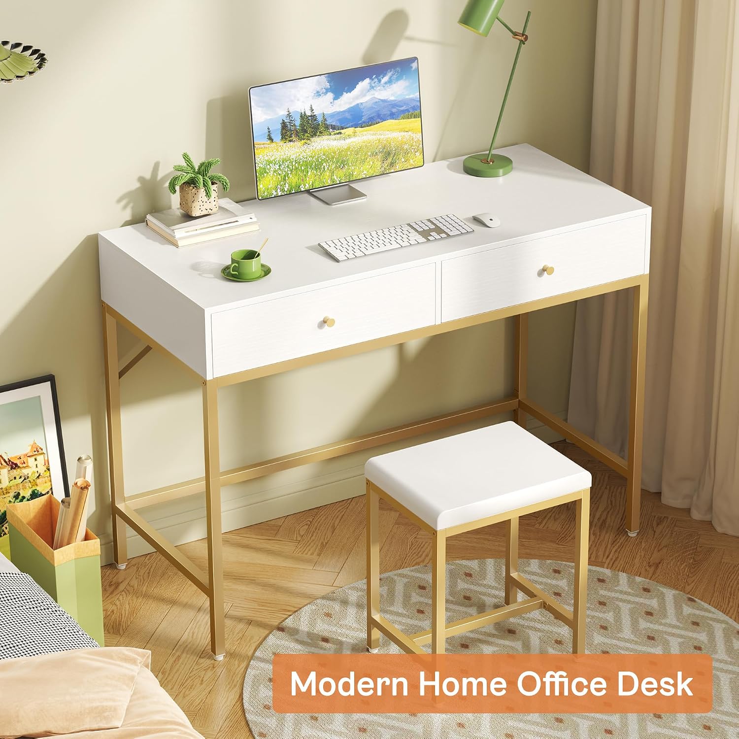 Superjare 35.4" White And Gold Desk With 2 Drawers, Modern Makeup Vanity With Padded Stool, Small Computer Desk Home Office Desk For Writing Study Bedroom