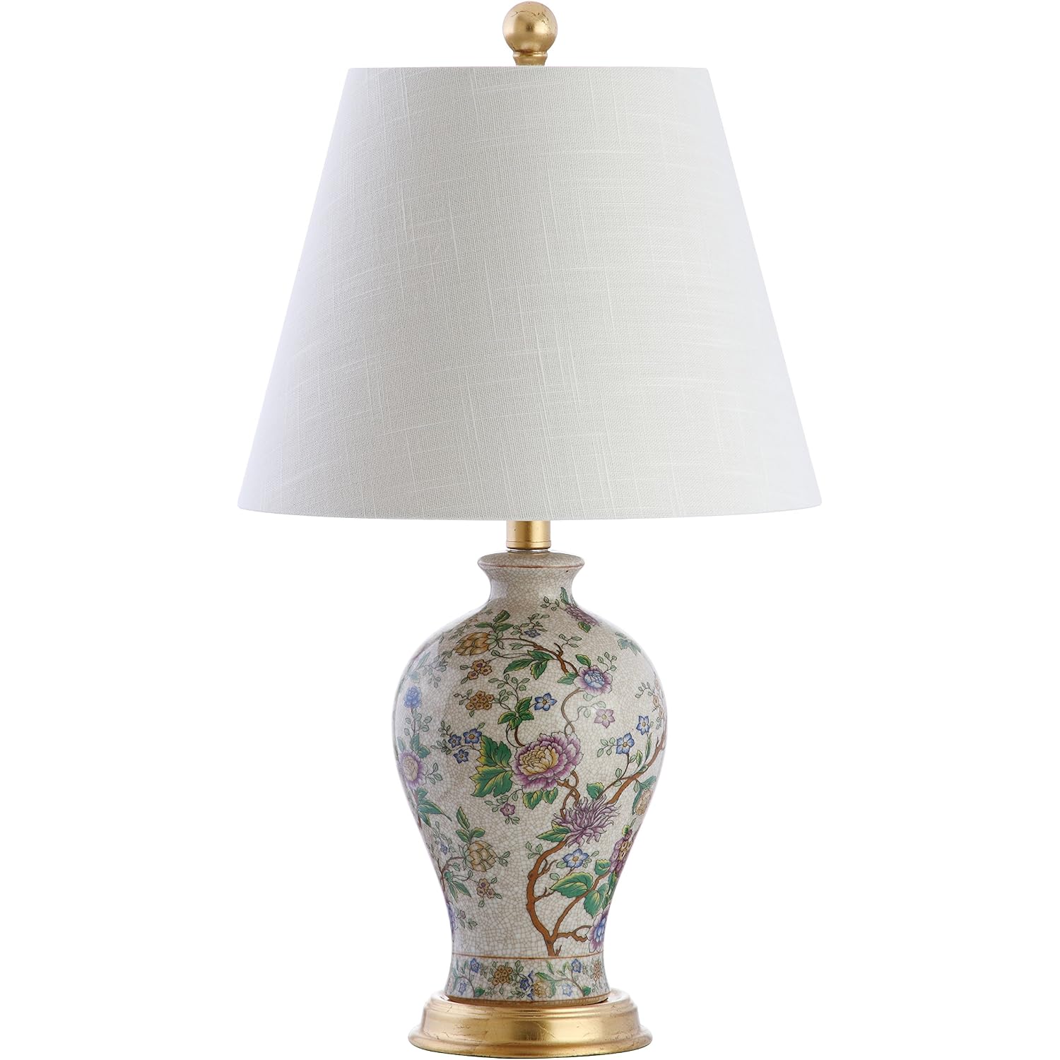 Jonathan Y 24" Multi-Colored/Gold French Country Ceramic Floral Urn Table Lamp, White Linen Shade, Chinoiserie Ginger Jar Bedside Lamp For Living Room Bedroom, Led Bulb Jyl3009A