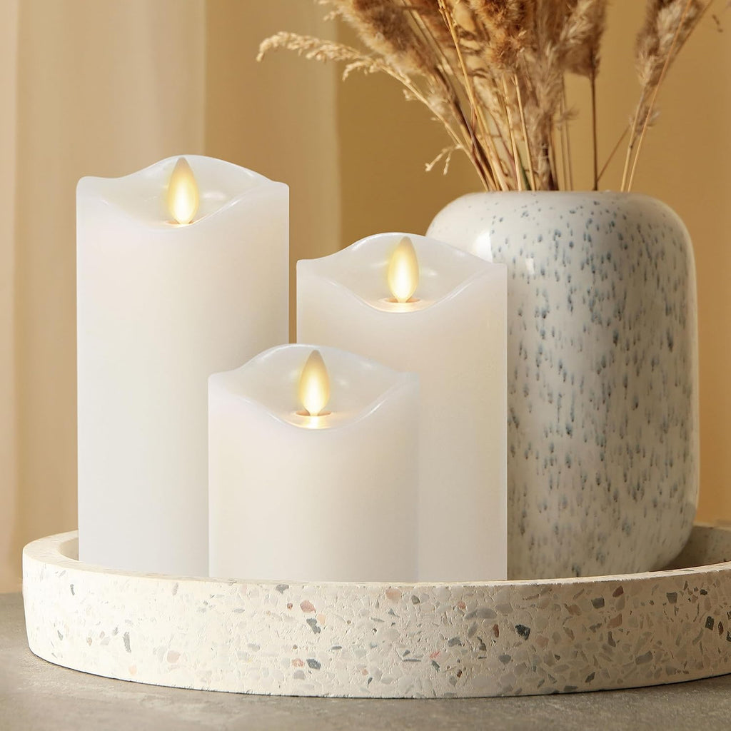 Set Of 3 Flameless Led Flickering Moving Flame Pillars (3X 4.5, 3X5.5, 3X6.5), Real Unscented Wax W/ Melted Edge & Smooth Finish, Aa Battery Operated, Pearl Ivory