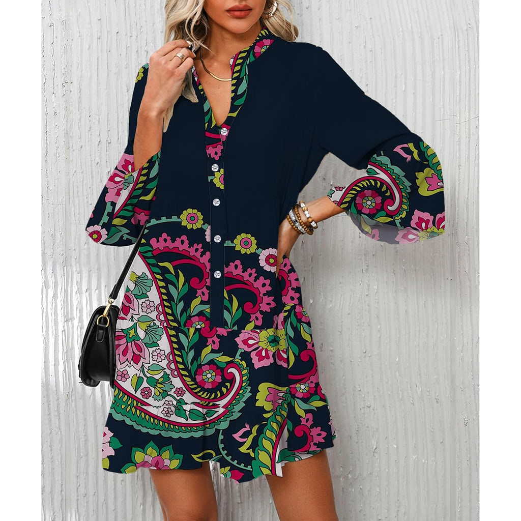 Opemiby Summer Dresses For Women 2026 Flowy Ruffle 3/4 Sleeve V Neck Tiered Casual Babydoll Boho Beach Mini Dress