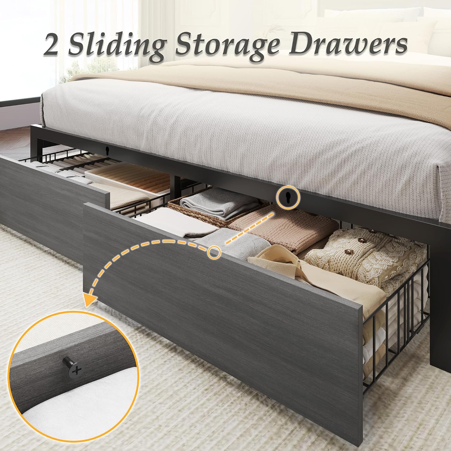 Lifezone Queen Bed Frame With 2-Tier Storage Headboard, Bedroom Metal Bed Frame With 2 Storage Drawers & Fast-Charging Station & Led, Noise-Free, No Box Spring Needed, Easy Assembly, Rustic Grey