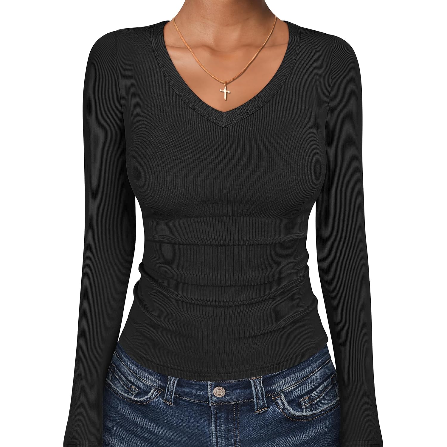 Long Sleeve Shirts for Women V Neck Ribbed Knit Fitted Fall Basic Tshirts Going Out Tops 2026 Casual Trendy Clothes
