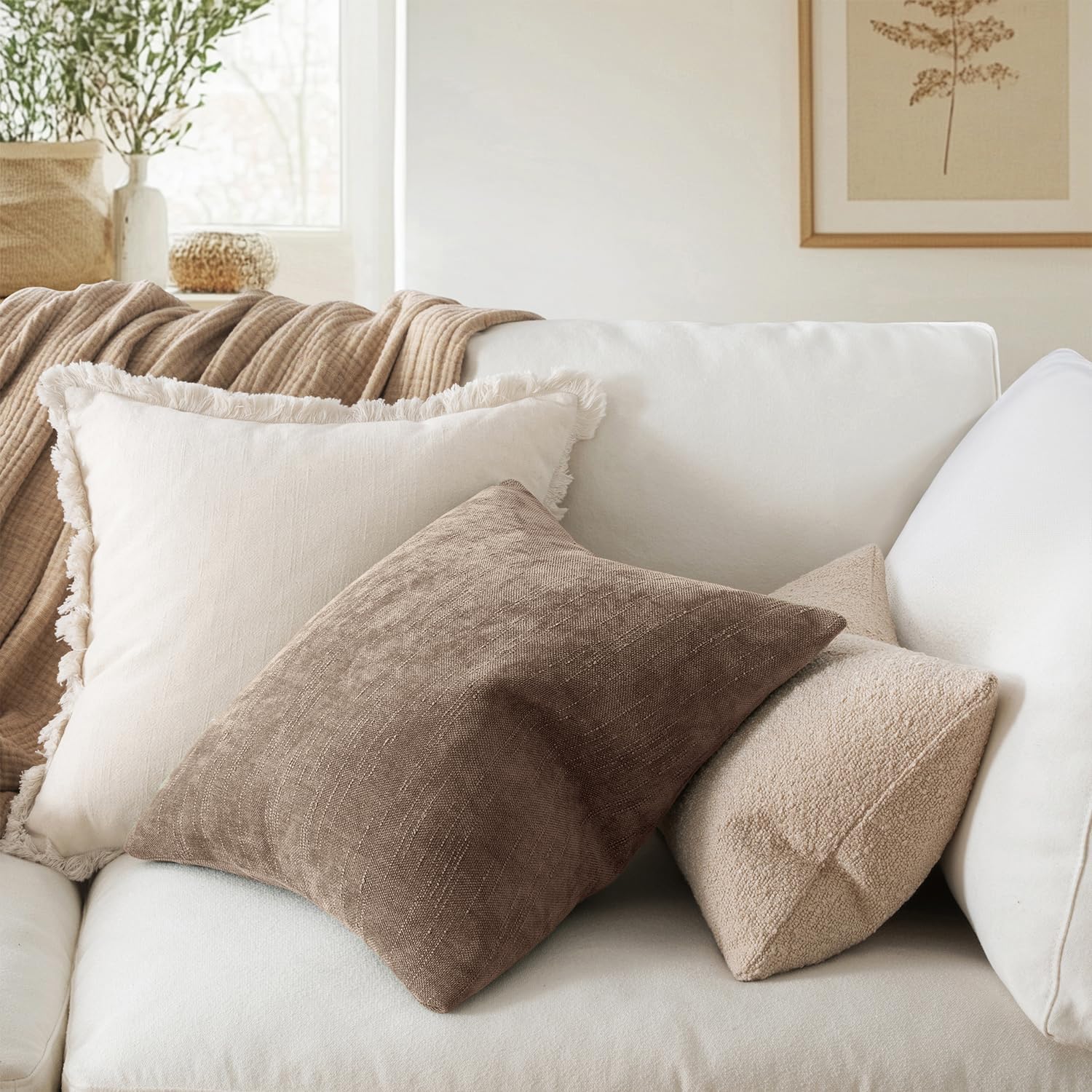 Miulee Pack Of 2 Decorative Throw Pillow Covers Soft Chenille Throw Pillows Solid Neutral Farmhouse Textured Cushion Covers For Couch Sofa Bedroom Living Room 20X20 Inch, Taupe Grey