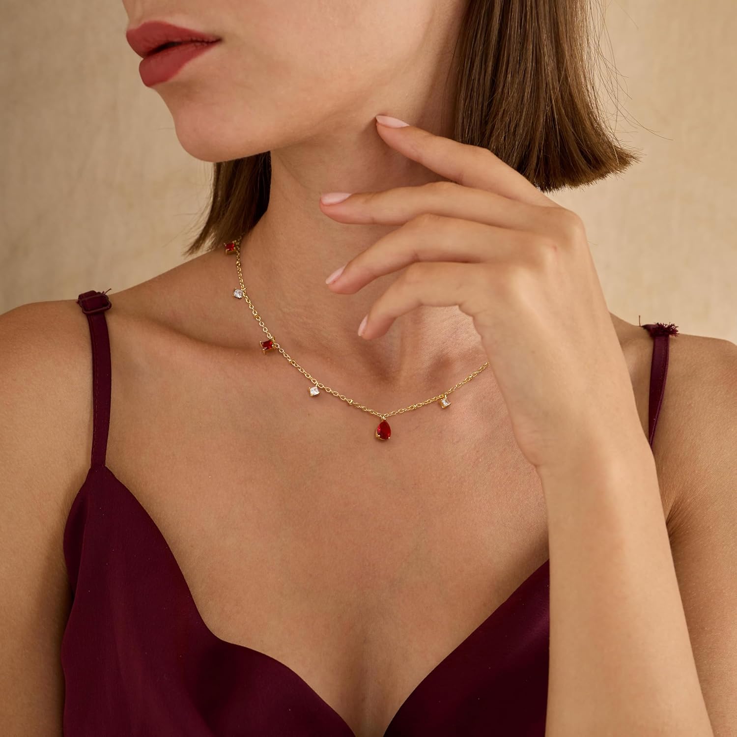 RLMOON Gold Necklaces for Women 14K Gold Plated CZ Diamond Choker Necklace Red Emerald Green Blue Black Teardrop Necklace for Wedding Bridesmaid Prom Trendy Gold Jewelry Gift