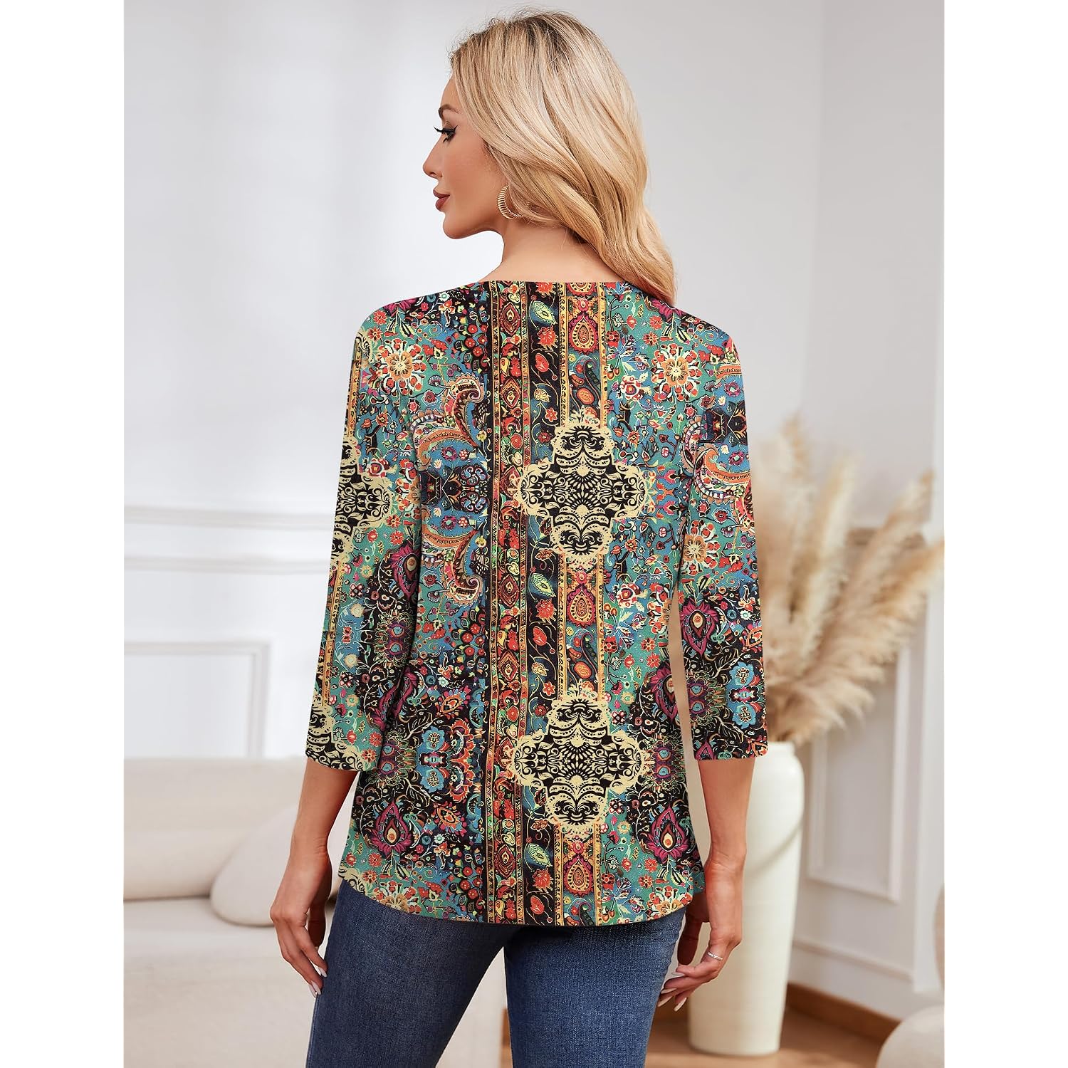 LOMON 3/4 Length Sleeve Womens Tops Casual Crewneck Pullover Tunics Summer Cute Blouses Fashion 2026