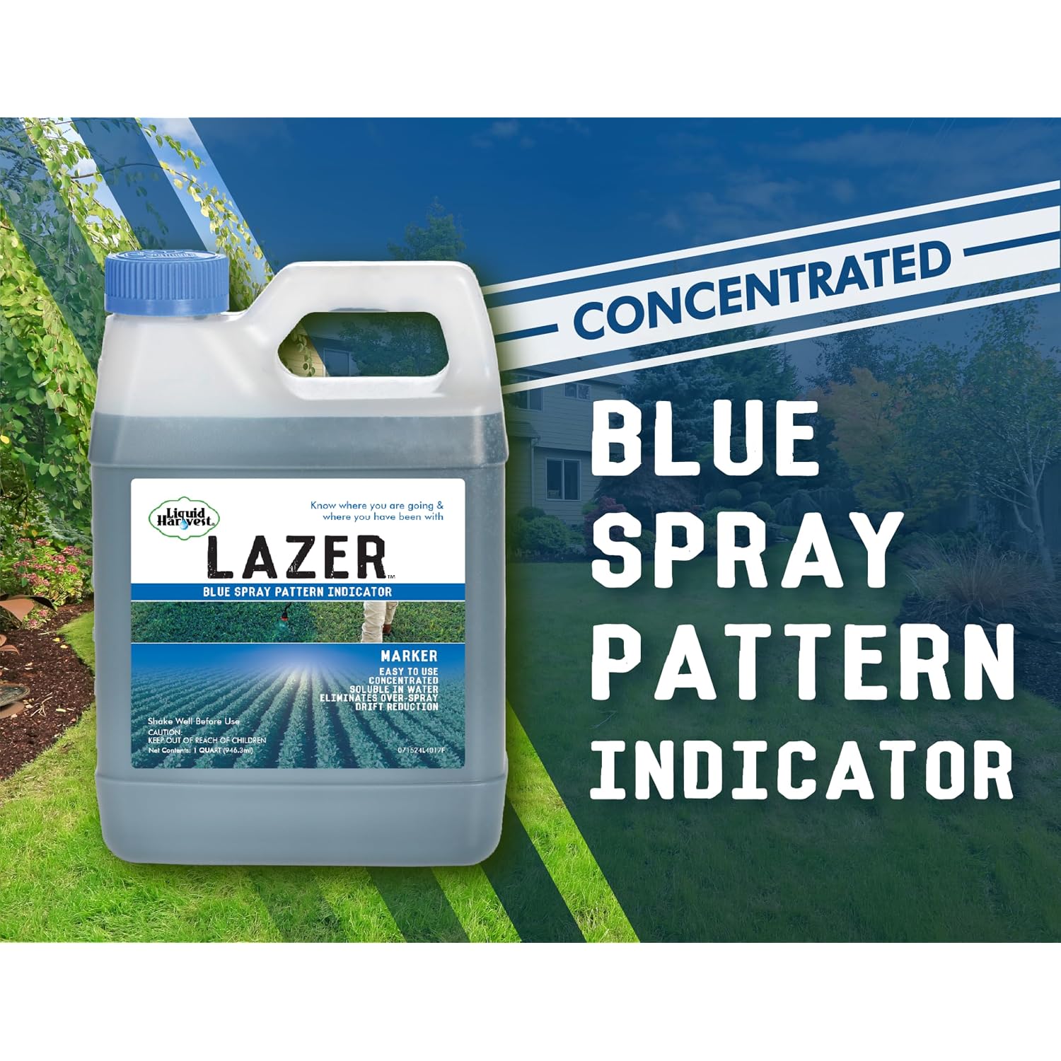 Liquid Harvest Lazer Blue - 32 Ounces - Concentrated Spray Pattern Indicator - Perfect Weed/ Fertilizer Marking Dye, Turf Mark And Blue Herbicide Marker