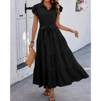 Dowerme Women'S Summer Casual Dresses 2026 Cap Ruffle Sleeve V Neck Button Belted Tiered Boho Maxi Dress With Pockets