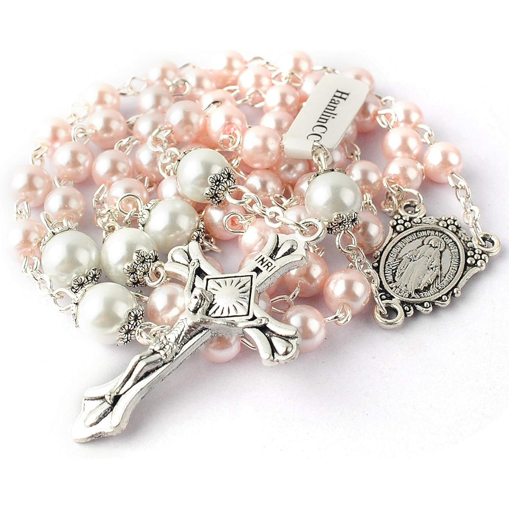 HanlinCC 6mm Glass Pearl Beads with 8mm Our Father Beads with Caps Rosary Pack in Miraculous Metal Gift Box