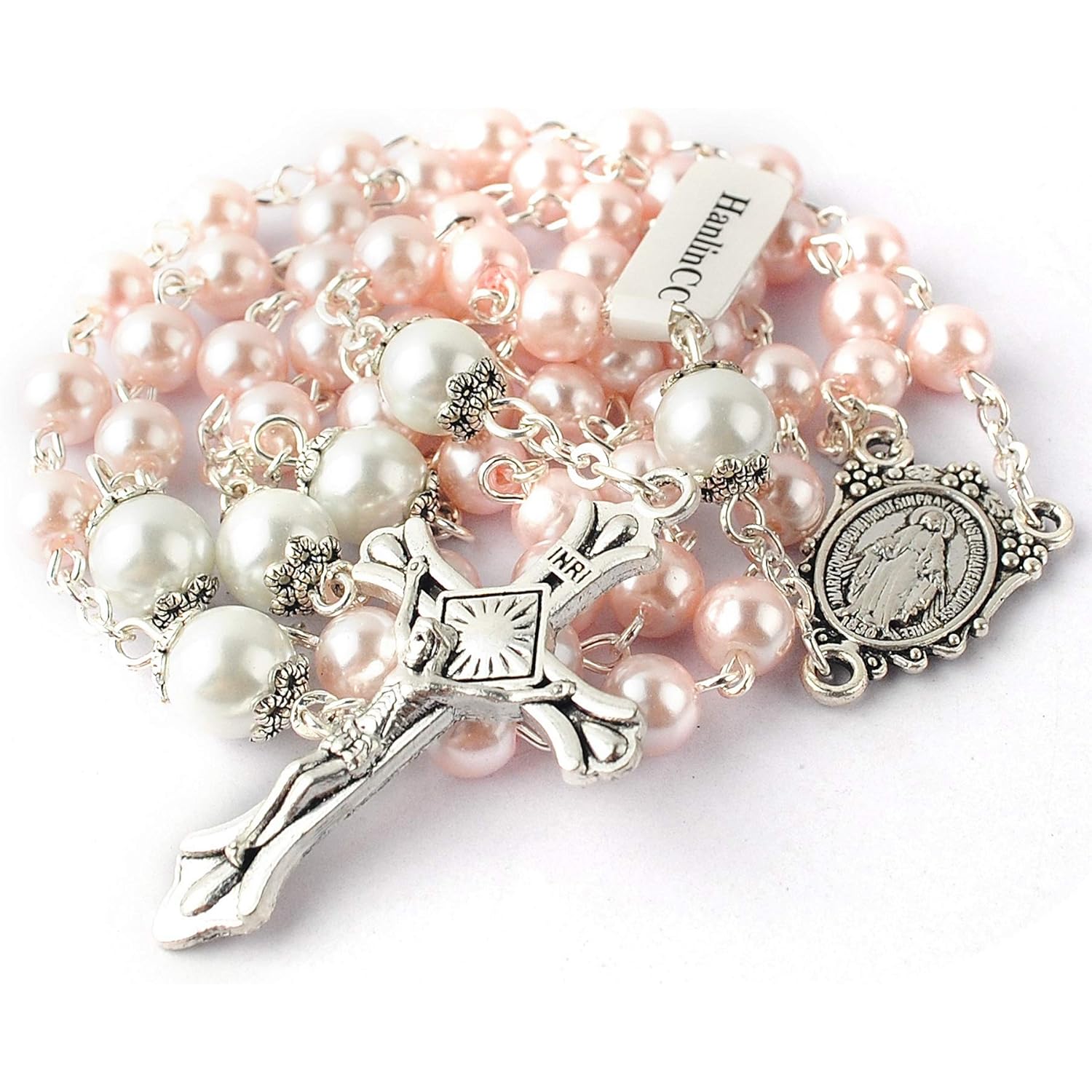 HanlinCC 6mm Glass Pearl Beads with 8mm Our Father Beads with Caps Rosary Pack in Miraculous Metal Gift Box
