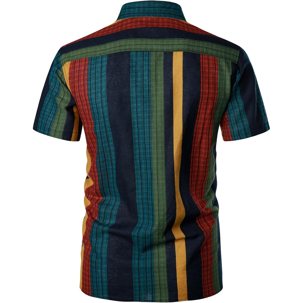 Parklees Men'S Cotton Linen Vintage Pattern Printed Old Style Shirt Casual Short Sleeve Button Down Retro Shirts