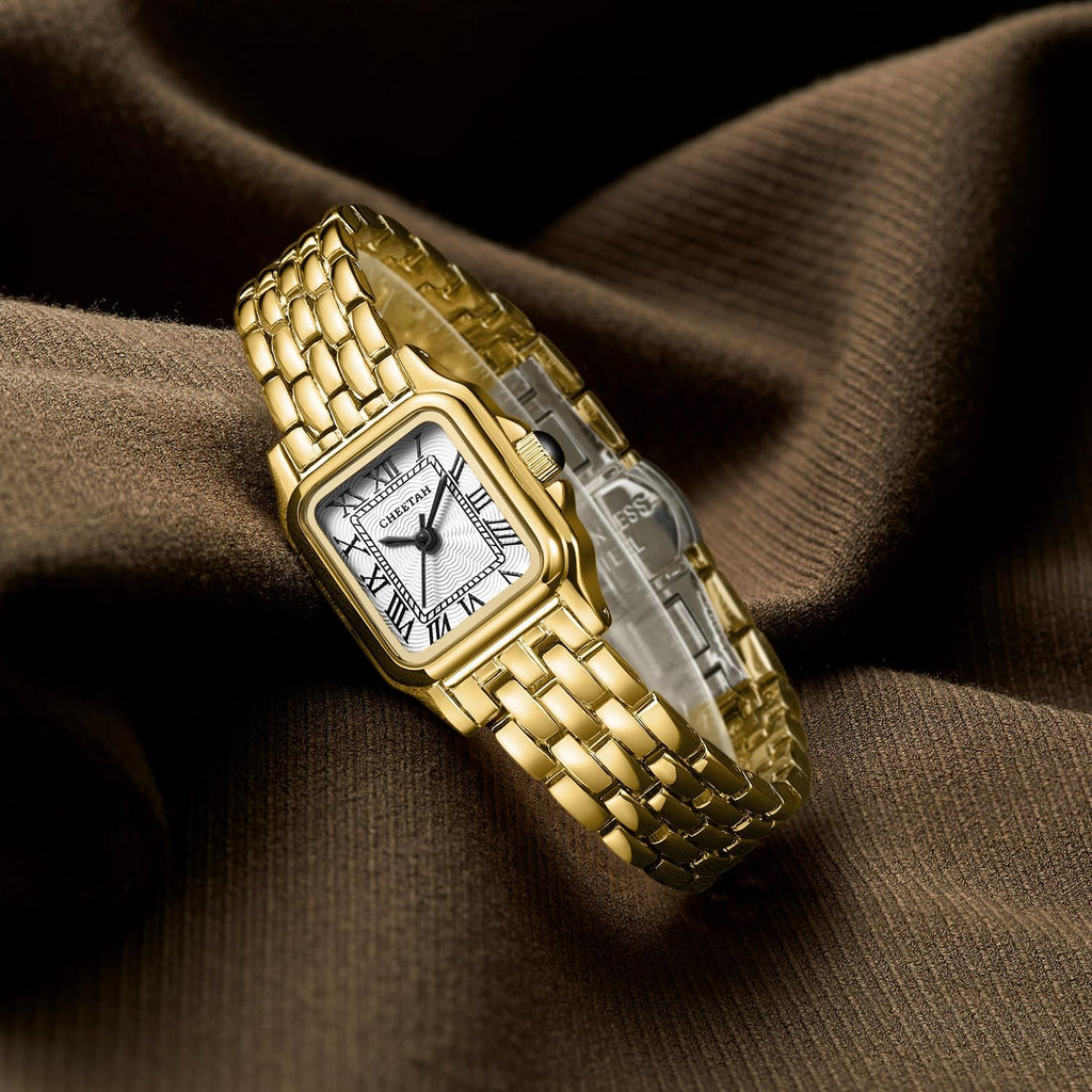 Cheetah Gold Watches For Women With Small Vintage Bracelet, Rectangular Case Roman Dial